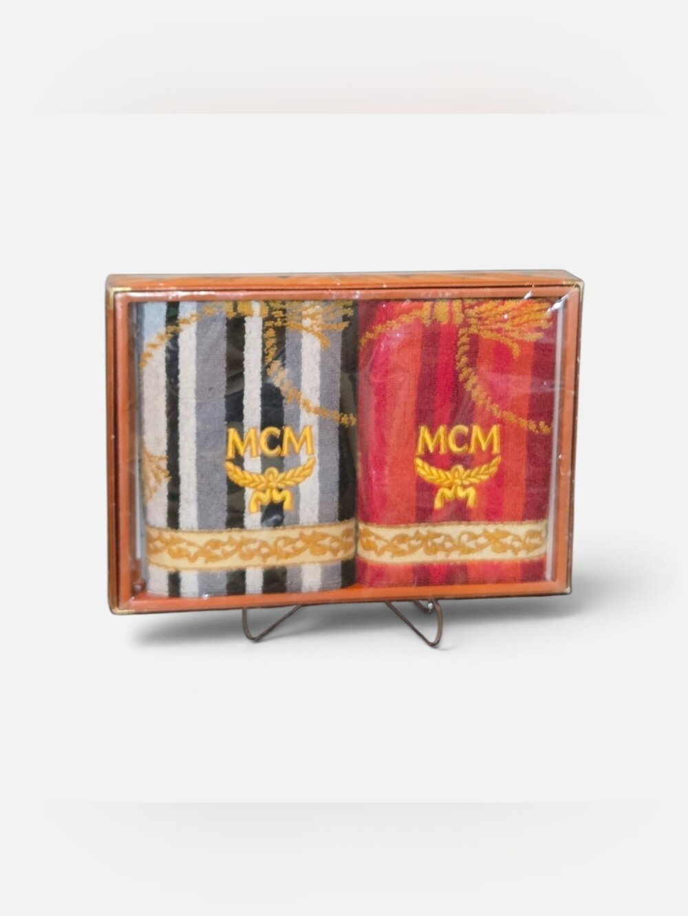 MCM Designer Hand Towels in Gray, Black and Red with Gold Embroidery